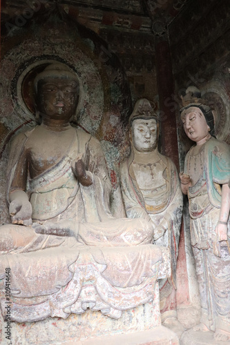 Maijishan Cave-Temple Complex in Tianshui , Gansu Province , China. Artistic treasures of Maiji Mountain caves. UNESCO World Heritage Site.