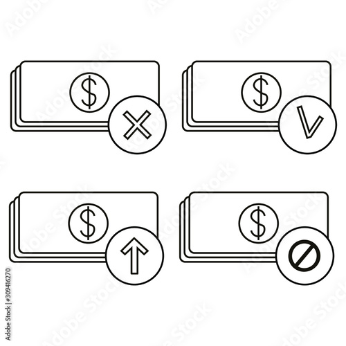 Cash money with different operations. Design elements for web, banners, poster, ui. Vector icons set isolated on white background.