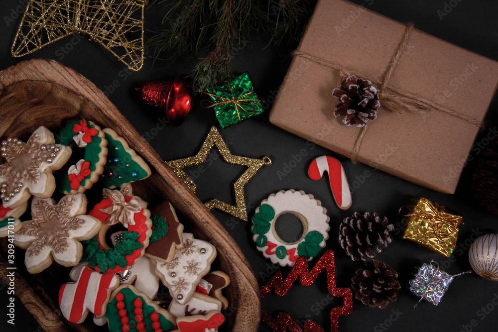 Fototapeta premium Decorative objects for designing Christmas tree. 