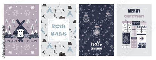 Christmas balls on greeting xmas cards in outline, polar bear, wigwams in scandinavian style. Snowflakes are falling. Promo gift, winter sale posters sketches. Minimal vector set of New year.
