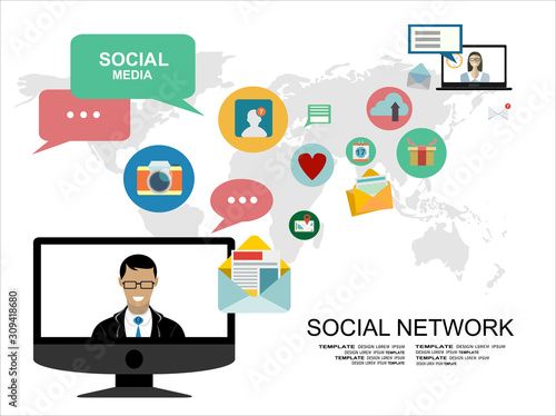 People communication concept with male and female avatars and social network icons vector illustration