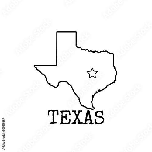 Texas map shape icon. Black and white line drawing.
