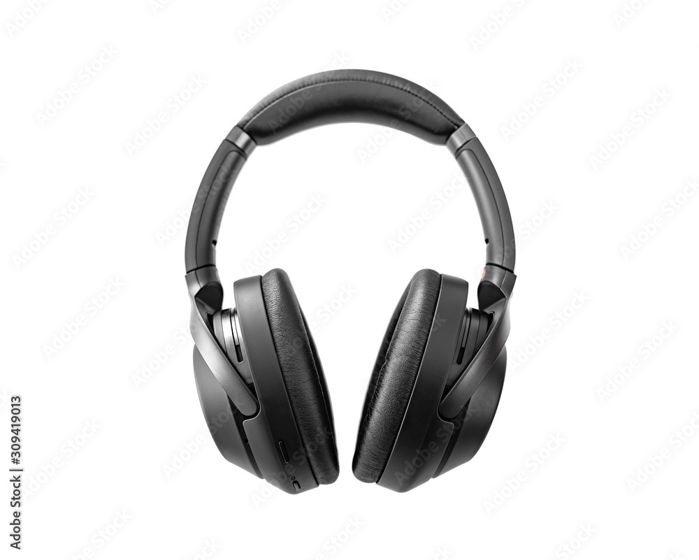 Black wireless headphones isolated on white background. Black wireless headphones isolated on white background.