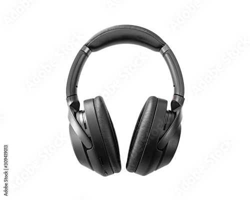 Black wireless headphones isolated on white background.