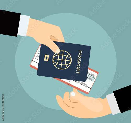 Businessman Receiving Boarding Pass and Passport from check-in Attendant. Vector Illustration.