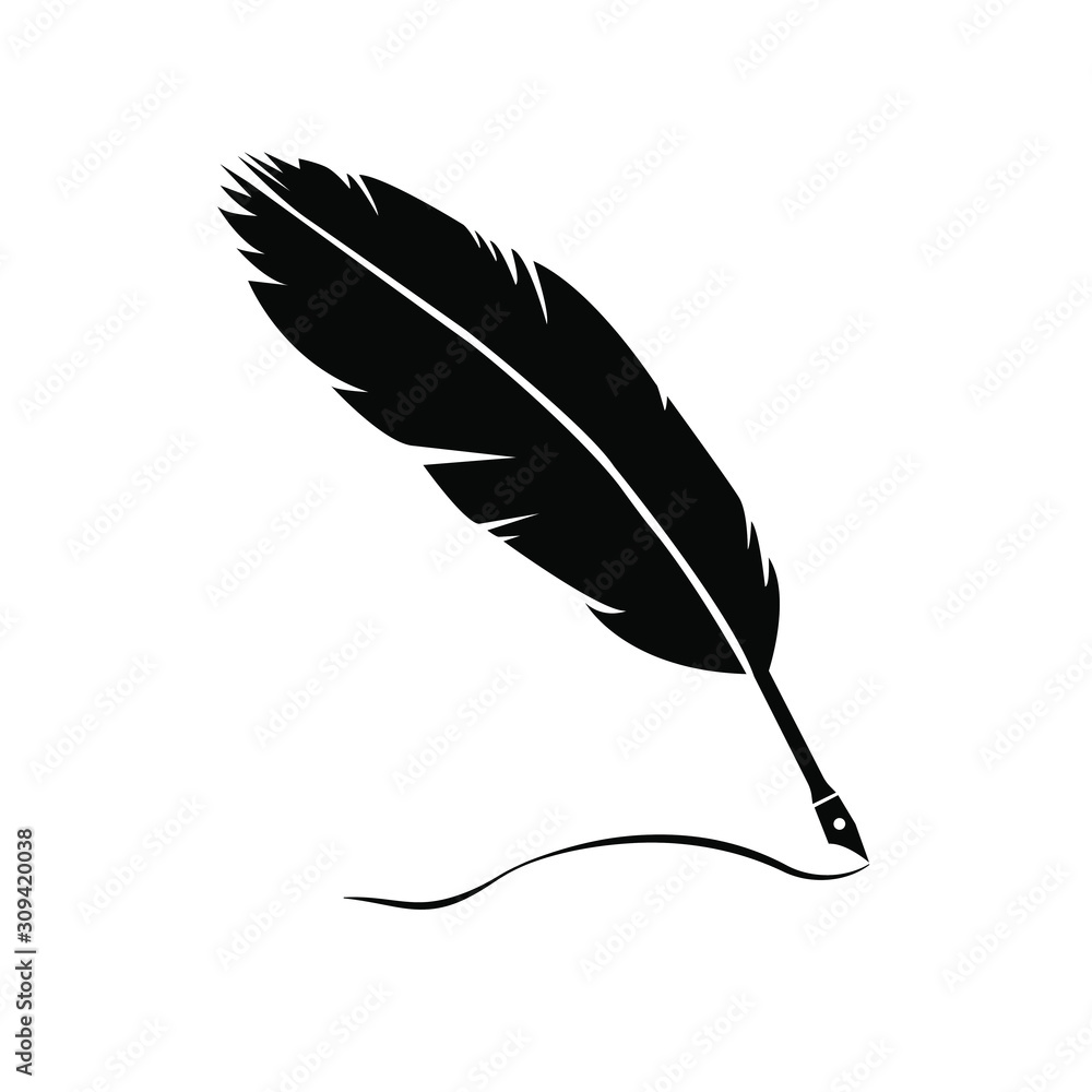 Feather quill pen symbol. Vector illustration isolated on white background.  Suitable for web design. Stock Vector