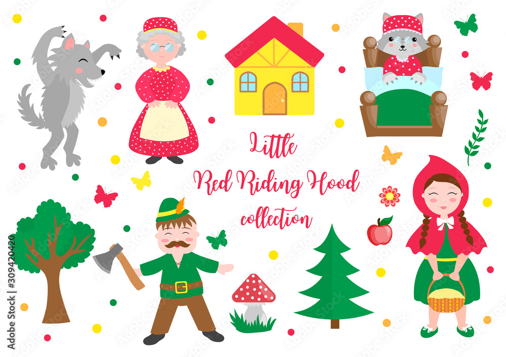 Cute Little Red Riding Hood set objects. Collection design element with pretty girl and her grandmother, wolf, woodman and trees. Kids baby clip art funny smiling character. Vector iillustration Cute Little Red Riding Hood set objects. Collection design element with pretty girl and her grandmother, wolf, woodman and trees. Kids baby clip art funny smiling character. Vector iillustration