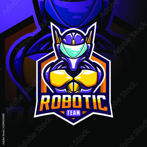 stock vector robotic team mascot logo illustration. logo, badge, esport logo, and emblem with modern illustration concept style.