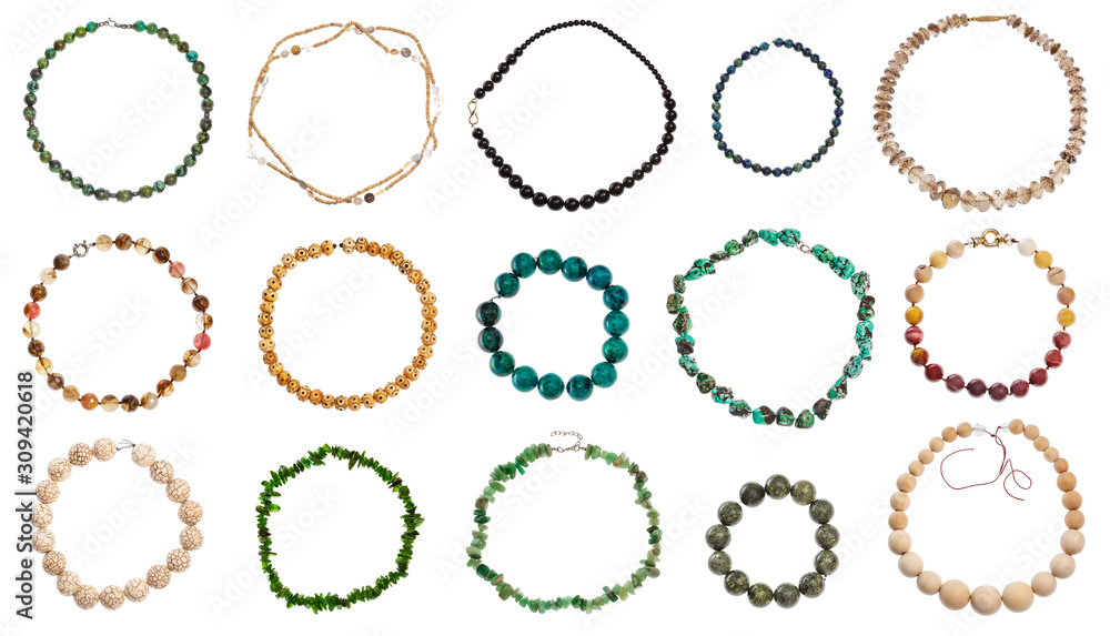 set of various round necklaces isolated
