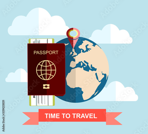 Vector modern flat design web icon on airline tickets and travel with jet airliner flying, passport, boarding pass ticket and globe with clouds 