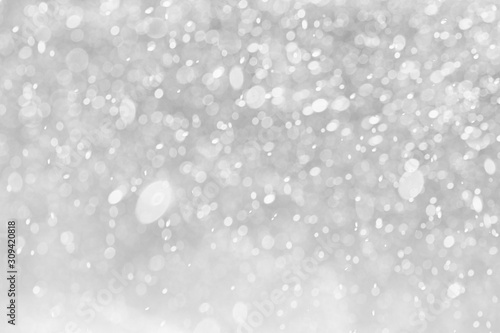 White Gray bokeh background. Abstract sparkles particle moving small large defocus different overlay blend screen modes, copy space for text logo