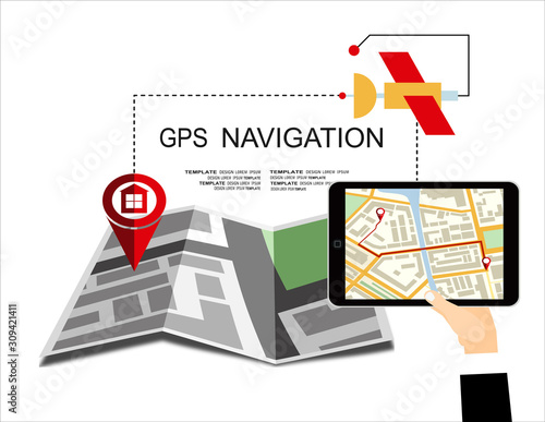 Hand holding tablet pc computer with gps navigator map on screen. Flat style design of web banner template for website or infographics, mobile navigation GPS system.