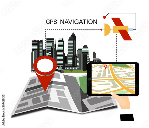 Hand holding tablet pc computer with gps navigator map on screen. Flat style design of web banner template for website or infographics, mobile navigation GPS system.