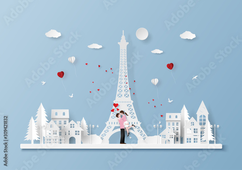 Origami Paper art of Cute couple in town with Eiffel tower in Valentine's day, Love and Happy Valentine's Day