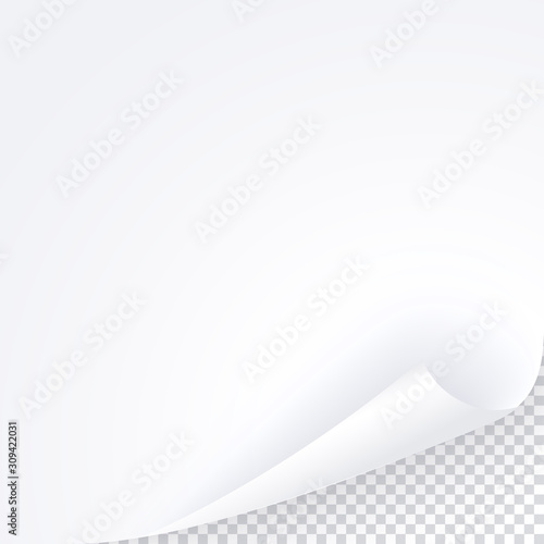 Curled corner page, empty white paper template for book, magazine. Vector post for notes, memory, remind. Bent realistic page.