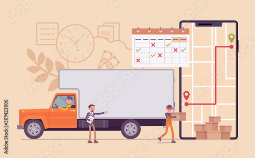 Order tracking system, smartphone screen. Large track journey shipping tracker to customer, warehouse, goods pick up, delivery, fulfillment process app service. Vector flat style cartoon illustration