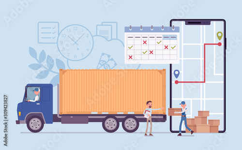 Order tracking system on smartphone screen. Track journey shipping tracker to customer or warehouse, goods pick up, delivery and fulfillment process app service. Vector flat style cartoon illustration