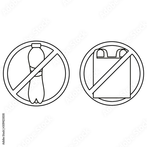 Plastic bottle and packets forbid sign. Eco friendly. Design elements for web, banners, poster, ui. Vector icons set isolated on white background.