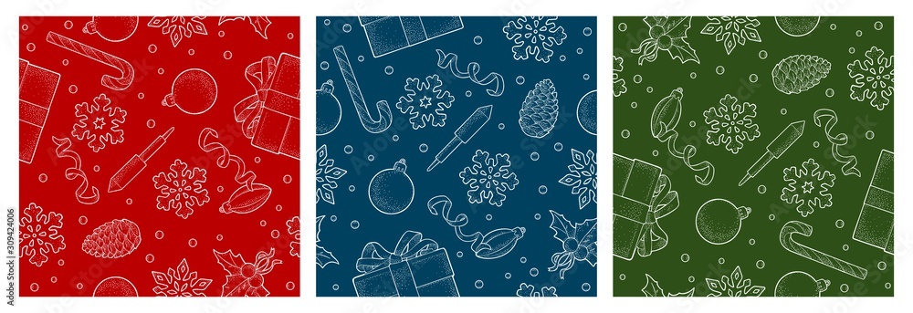 Seamless pattern Merry Christmas and Happy New Year. Vector vintage monochrome engraving