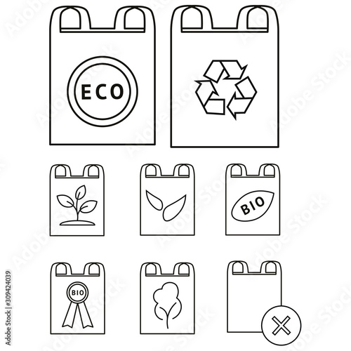 Plastic bag with different objects. Reusable use. Recycle polyethelene. Design elements for web, banners, poster, ui. Vector icons set isolated on white background.