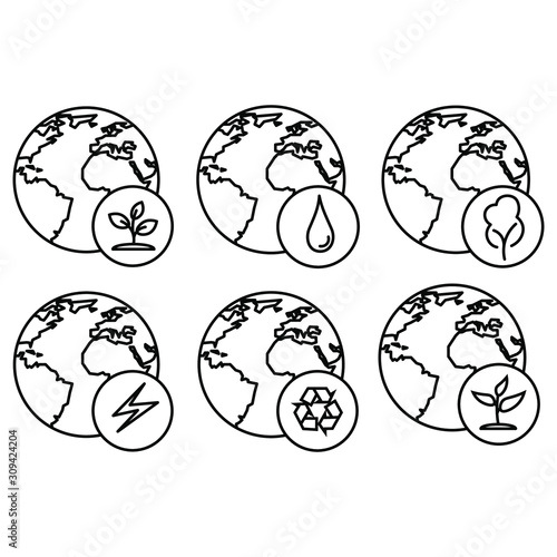 Globe with eco labels. Save planet. Design elements for web, banners, poster, ui. Vector icons set isolated on white background.