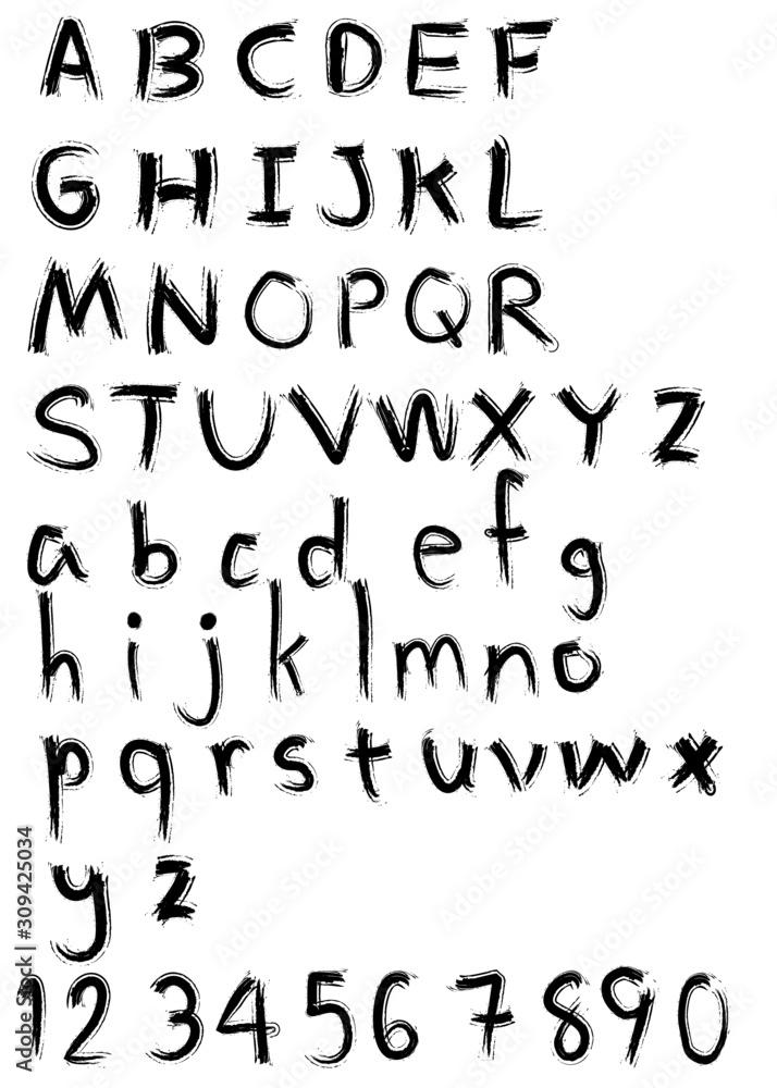 hand drawn alphabet.English font and number font. hand drawn alphabet.English font and number font.