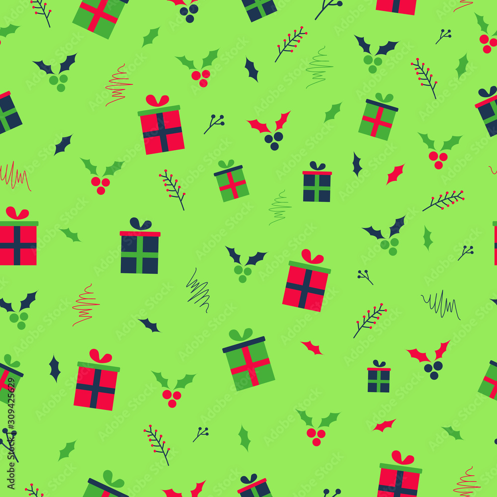 New Year and Christmas seamless pattern with berries, leaves, and gifts. Can be used for wrapping paper, wallpaper, pattern fills, surface textures, and fabric prints.