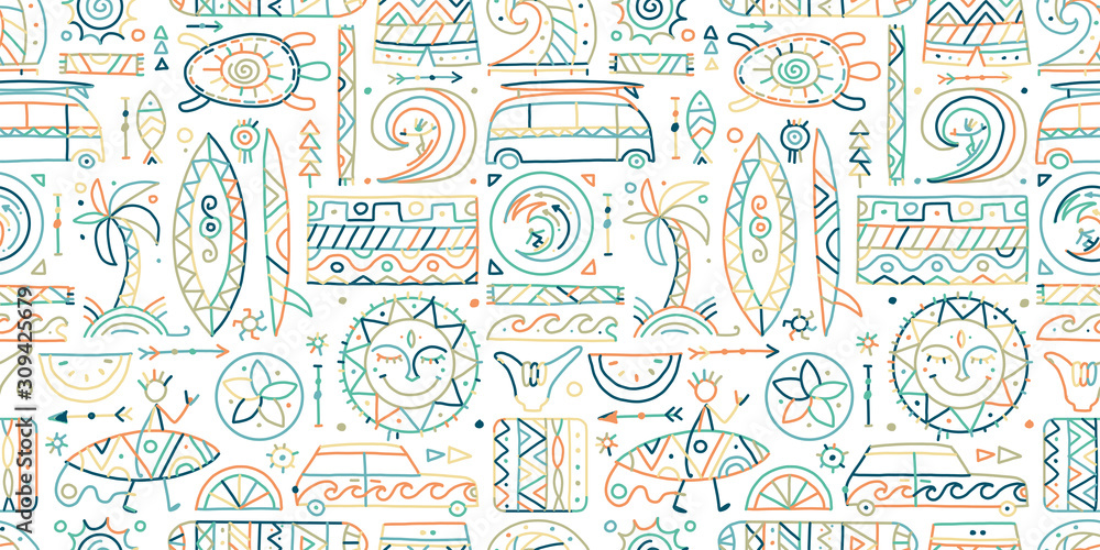 Surfing seamless pattern. Tribal elements for your design - obrazy, fototapety, plakaty 