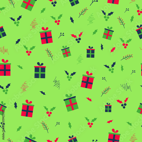 New Year and Christmas seamless pattern with berries  leaves  and gifts. Can be used for wrapping paper  wallpaper  pattern fills  surface textures  and fabric prints.