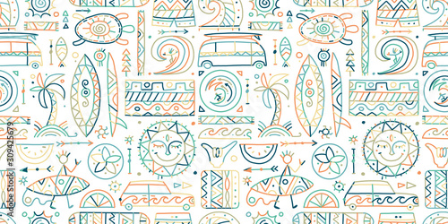 Surfing seamless pattern. Tribal elements for your design