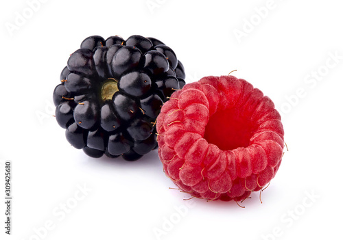 Raspberry with blackberry Isolated on White Background. Ripe berries isolated.