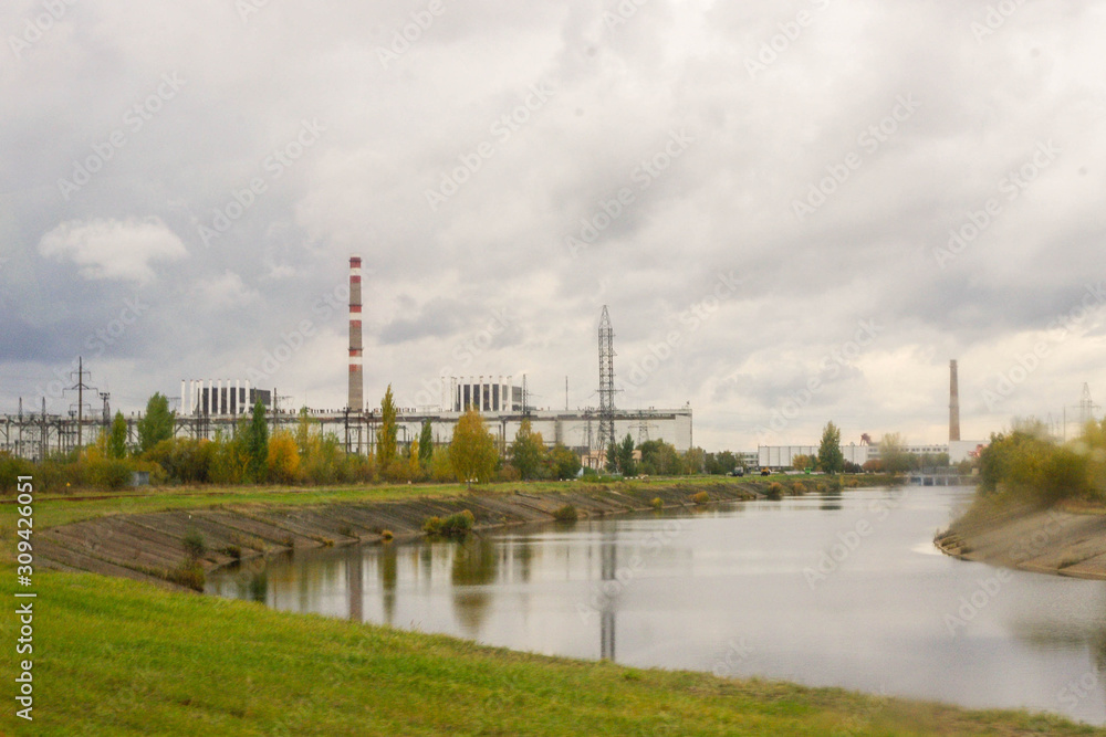 Industrial plants and river in Chernobyl, Ukraine