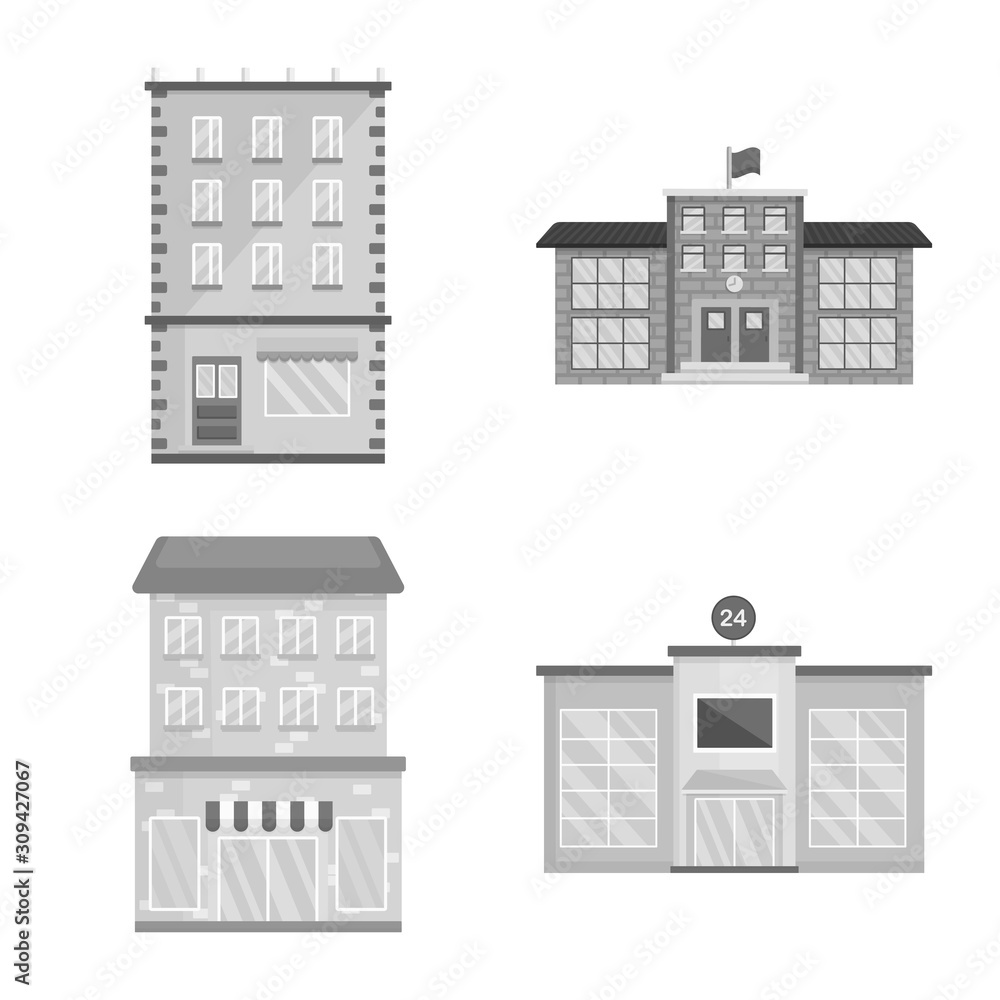Vector illustration of construction and city sign. Set of construction and center stock vector illustration.