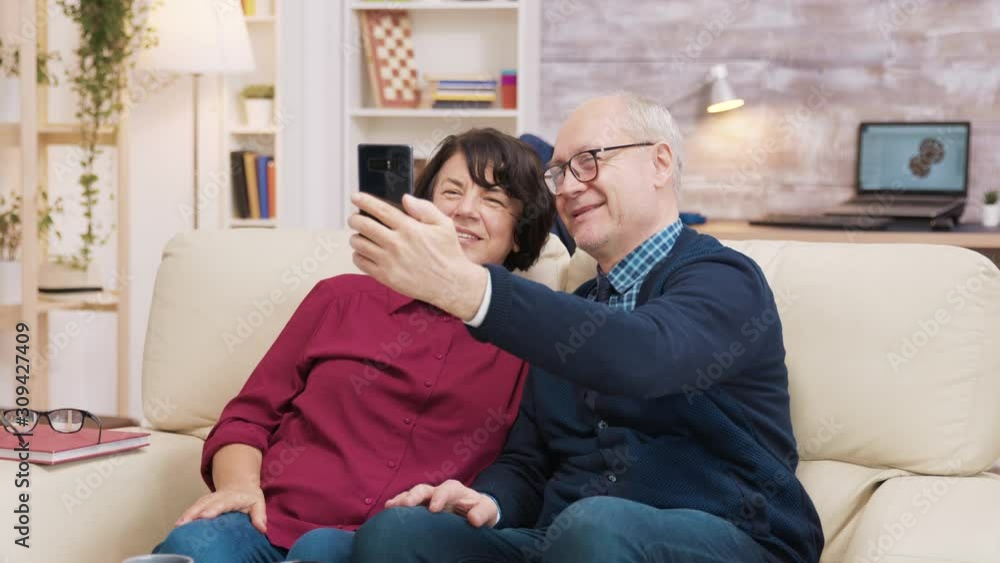 Happy senior couple sitting on sofa taking a selfie Happy senior couple sitting on sofa taking a selfie