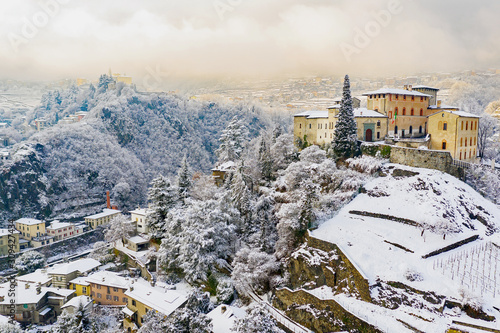 Valtellina (IT) - Sondrio - Panoramic view of the Masegra Castle with whitewashed landscape