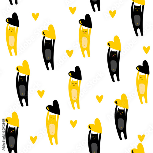 Seamless pattern with cartoon black and yellow cats with hearts