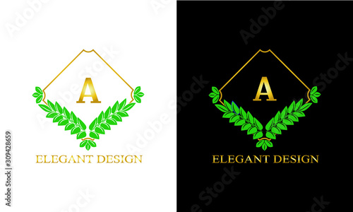 Design of magnificent ancient monogram. Decorative ornament on dark and light background with letter A. Gold and black pattern of brand, business sign, restaurant, boutique, hotel, emblem, jewelry.