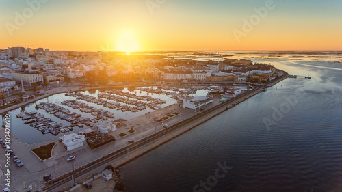 Morning sunrise over the tourist city of Faro, Portugal, Algarve.