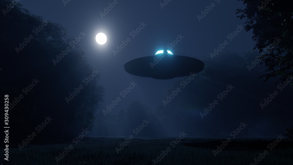 3d ufo flew over the wild forest at night 3d ufo flew over the wild forest at night