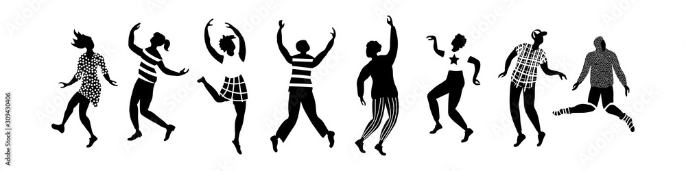 Horisontal banner with black and white silhouettes of dancing people. Set of different poses isolated on white background. Vector illustration.