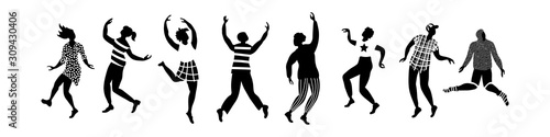 Horisontal banner with black and white silhouettes of dancing people. Set of different poses isolated on white background. Vector illustration.