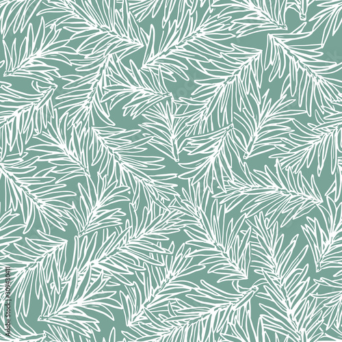 Vector fir tree branches seamless pattern. Light green simple Christmas illustration. Hand-drawn design.