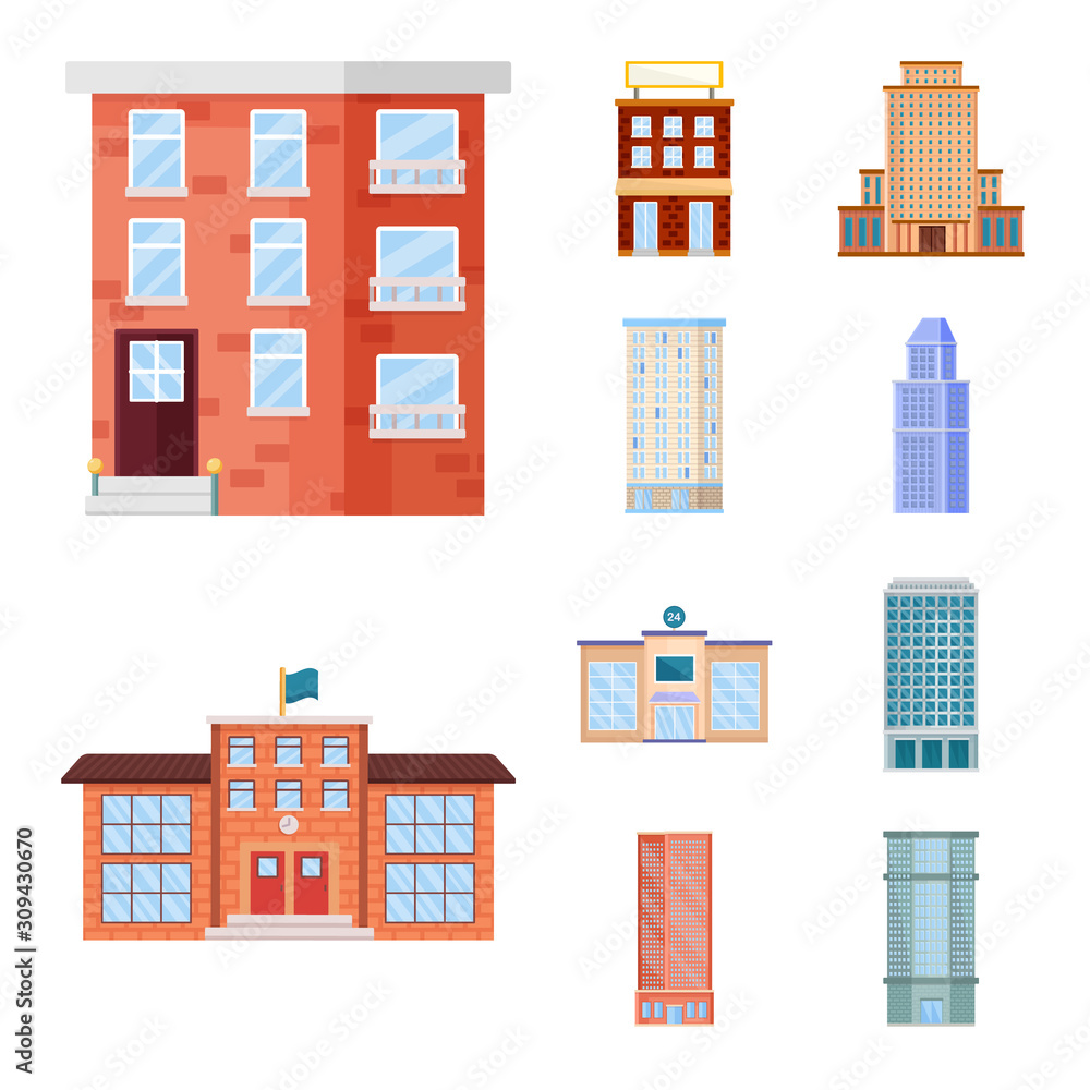Vector illustration of facade and building sign. Set of facade and exterior stock vector illustration. Vector illustration of facade and building sign. Set of facade and exterior stock vector illustration.