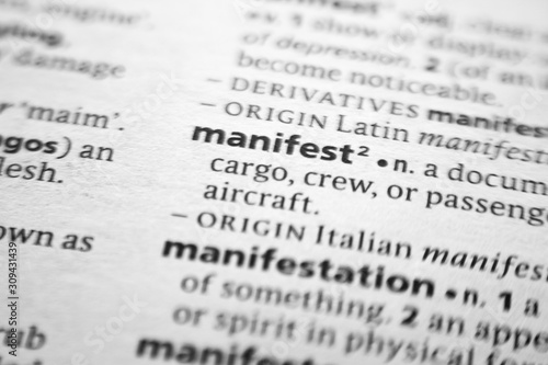 Word or phrase Manifest in a dictionary.