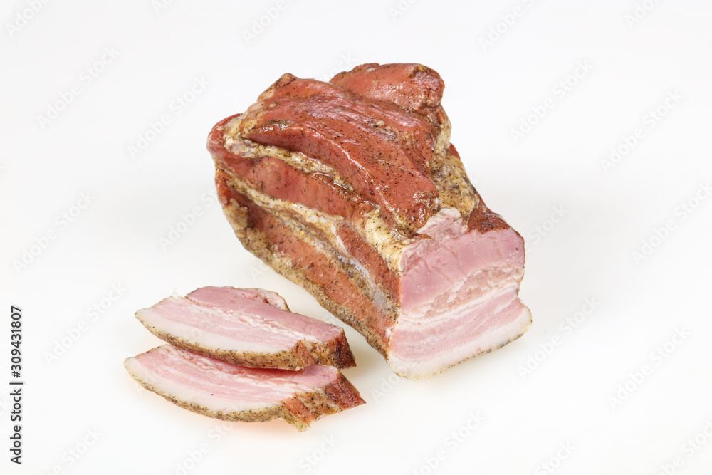 Smoked pork meat over white background