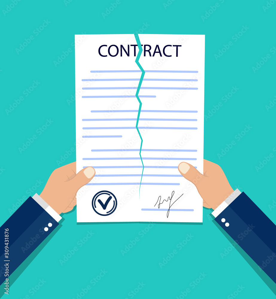 Violate of a contract. Hands breaking a paper contract in flat style. Termination job concept. Tearing business document. End finance deal. Businessman violated official document. vector Violate of a contract. Hands breaking a paper contract in flat style. Termination job concept. Tearing business document. End finance deal. Businessman violated official document. vector