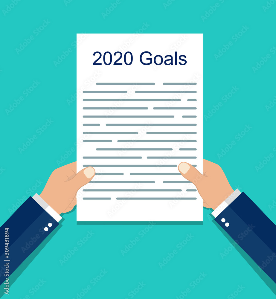 Goals 2020. Resolution list, goal checklist, plan in hand. Resolution on sheet, notebook. Personal growth concept. Development target of identity. Purpose of life on paper. vector isolated Goals 2020. Resolution list, goal checklist, plan in hand. Resolution on sheet, notebook. Personal growth concept. Development target of identity. Purpose of life on paper. vector isolated