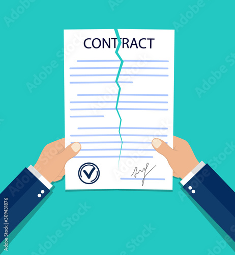Violate of a contract. Hands breaking a paper contract in flat style. Termination job concept. Tearing business document. End finance deal. Businessman violated official document. vector