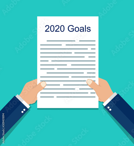 Goals 2020. Resolution list, goal checklist, plan in hand. Resolution on sheet, notebook. Personal growth concept. Development target of identity. Purpose of life on paper. vector isolated © RIMM_art