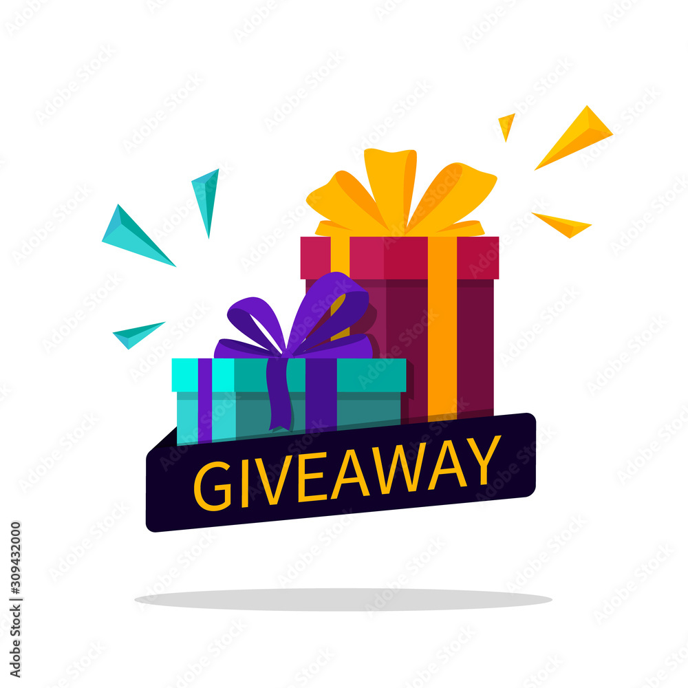 Giveaway winner flyer. Gift box with ribbon for contest win. Gift for  announcement of win poster. Competition banner and give away text for media  post. Quiz design template. vector illustration Stock Vector